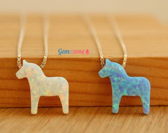 Dala Horse Opal Necklace / Swedish Dalahast Pendant Necklace / Scandinavian Charm / Nordic Animal Necklace / Sterling Silver Necklace