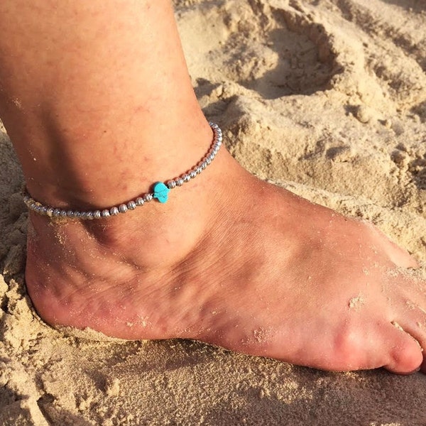 Hamsa Turquoise Anklet / Fatima Hand pendant 925 sterling silver chain / Hand of God Charm Foot Bracelet / Summer Jewelry