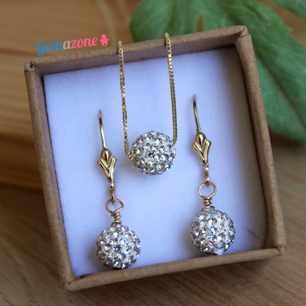 Ensemble de bijoux en cristal blanc / Ensemble Shamballa / Collier et boucles d’oreilles à perles simples / Bijoux en strass / Combo de bijoux en pierres précieuses / Cadeau pour elle