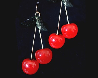 Cherry with Green Leaf Earrings