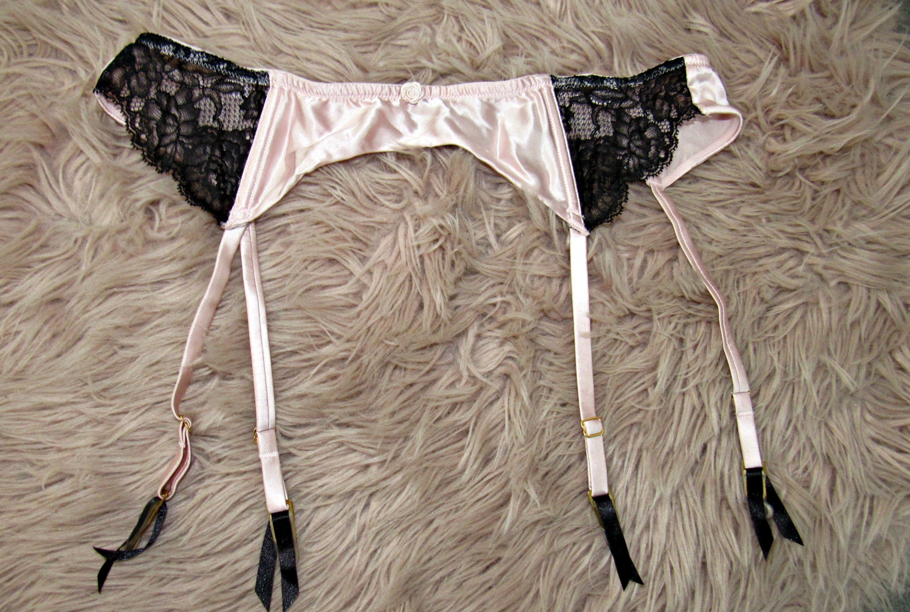 vintage pink satin/black lace suspender beltlabelled Etsy