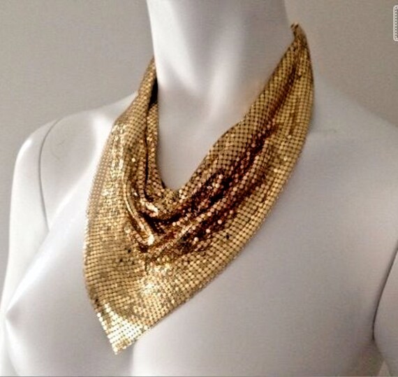 Vintage 1970's Gold Metal Mesh WHITING & DAVIS Bib Ne… - Gem