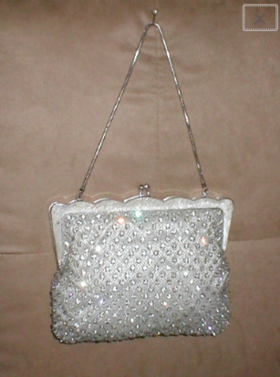 Vintage 50s/60s White Beaded Evening Bag, Rhinestone Clasp Bridal Purse
