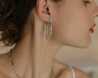 Silver plated chain tassel earrings ear cuff statement ear cuff  chain earrings by East Link Jewellery