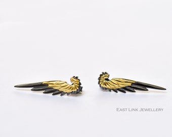 925 sterling silver feather earrings angel wings earrings gold black stud earrings ear climbers by East Link Jewellery