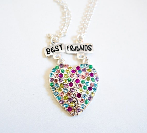 Best Friends Bff Necklace Rainbow Crystal Heart in Necklace