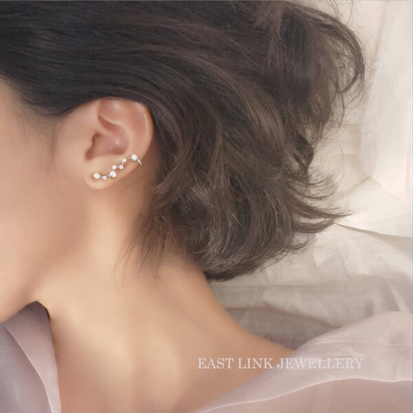 Pendientes trepadores de plata de ley, pendientes trepadores de estrella de cristal, pendientes de osa mayor, pendientes de boda, pendientes de galaxia, pendientes de mujer