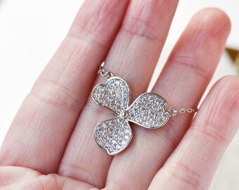 Silver plated lucky clover necklace cz stud shining crystal necklace womens necklace statement necklace gift by East Link Jewellery