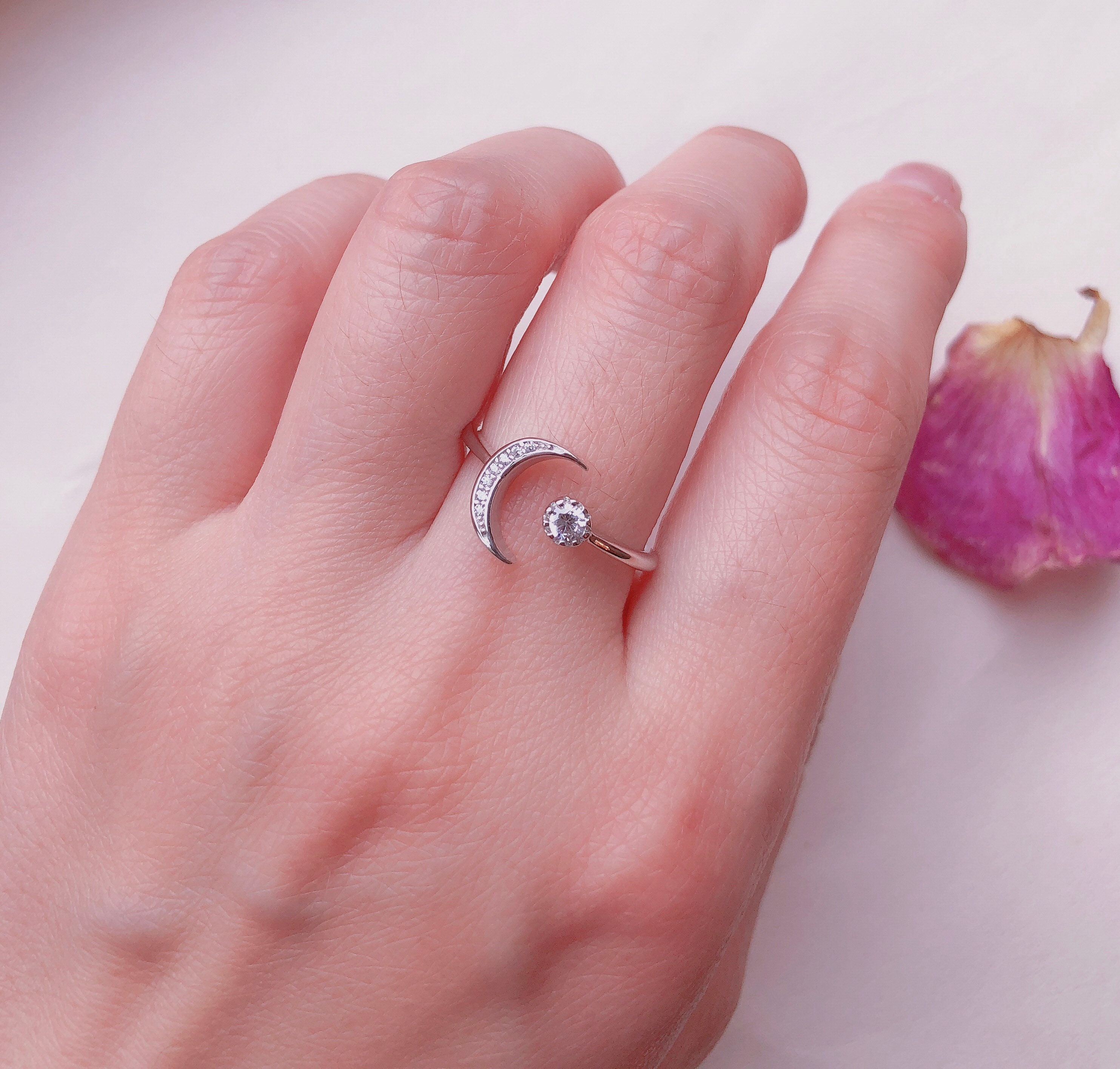 925 Sterling Silver Dainty Crescent Ring Star Moon Ring Cz