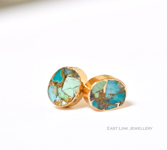 Oval turquoise earrings gold stud earrings womens earrings by East Link Jewellery women's gift