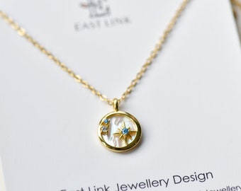 Polaris necklace gold sterling silver star necklace disc pendant mother of pearl necklace gold circle coin necklace womens necklace gift