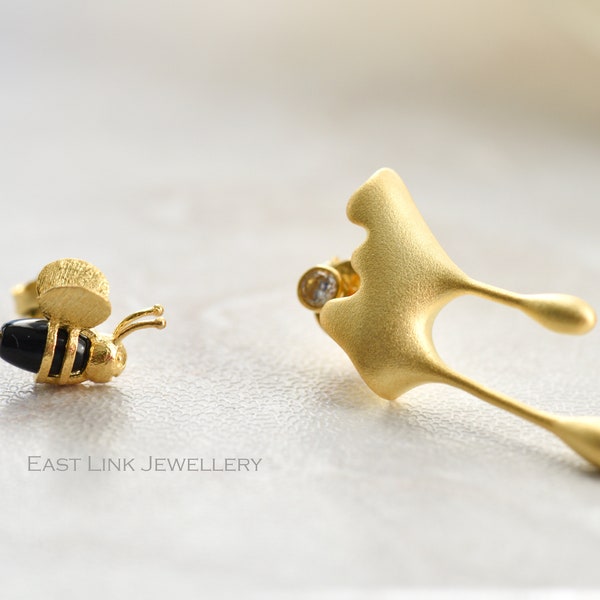 Pendientes de abeja de oro, plata de ley, chapados en oro, pendientes de abeja, pendientes de miel, pendientes de botón con diseño irregular, regalo para mujer, joyería de East Link