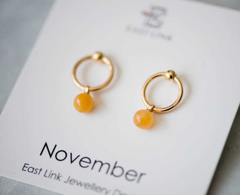 14K gold plated natural stones November Birthstone earrings yellow stud drop earrings hoop birthday gift