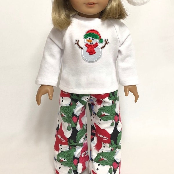 Christmas Flannel Pajamas for American Girl Doll & 18-inch Doll Snowman Pajama Set with Optional Doll Santa Hat - Doll Snowman Pajamas PJs