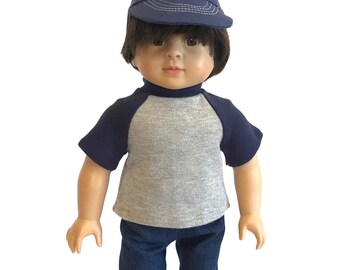 Baseball Cap Set for American Girl Boy Doll Navy Blue Hat Cap, Denim Jeans or Shorts, Knit Shirt, Navy Blue Sneakers Doll Baseball Cap