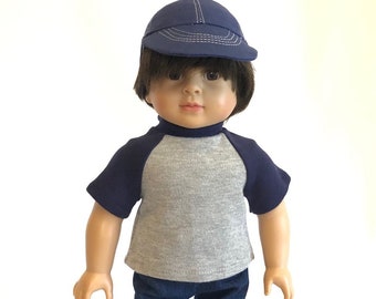 Baseball Cap Set for American Girl Boy Doll Navy Blue Hat Cap, Denim Jeans or Shorts, Knit Shirt, Navy Blue Sneakers Doll Baseball Cap