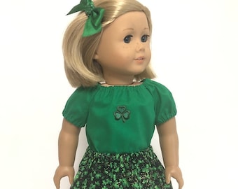 Shamrock Skirt Set for American Girl Doll & 18-inch Doll - Optional Shoes and Shamrock Hair Bow - Doll St. Patrick's Day Shirt and Skirt