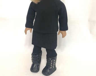 Houndstooth Skirt, Black Boots, Black Top & Tights 4-piece Set for American Girl Doll and 18-inch Doll Black Hounds Tooth Set - Choose Boots