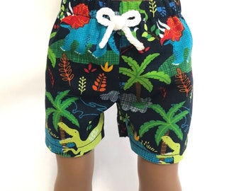 Dinosaur Swim Trunks - Optional Goggles, Triceratops Swim Shirt for American Girl Doll & 18-inch Boy Doll Dinosaur Board Shorts Swimsuit