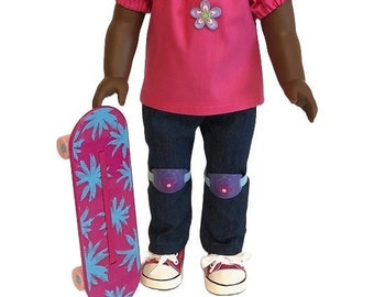 Skateboard 6-piece Set for American Girl Dolls & 18-inch Dolls - Doll Skateboard, Helmet, Knee Pads, Sneakers, Shirt, Denim Shorts or Jeans