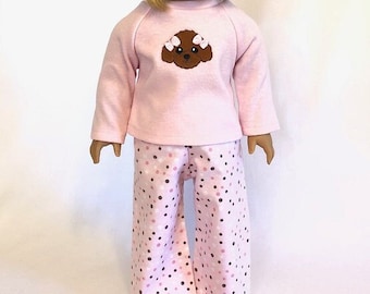 Poodle Dog Pajamas for American Girl Doll – Polka Dot Flannel Pajama Pants & Pink Knit Poodle Pajama Top with Optional Puppy Dog Slippers