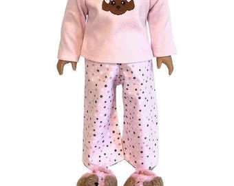 Poodle Dog Pajamas for American Girl Doll – Polka Dot Flannel Pajama Pants & Pink Knit Poodle Pajama Top with Optional Puppy Dog Slippers