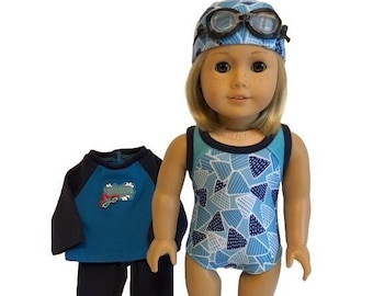 Swim Team Uniform for American Girl Doll & 18-inch Dolls – Doll Swimsuit, Swim Cap, Swim Goggles, Sandals, Competitive Swim Team Warm Up Set