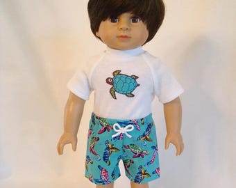 Sea Turtle Swim Trunks -Optional Goggles, Turtle Swim Shirt for American Girl Doll & 18-inch Boy Doll Swimsuit Board Shorts Doll Swim Goggle