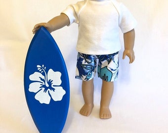 Surfboard 3-piece Set for American Girl Doll and 18-inch Doll Blue Hibiscus Board Shorts, Surfboard & Surf Shirt Bitty Baby Twins Surfboard