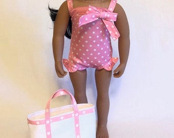 Doll Pink Polka Dot Swimsuit for American Girl Doll & 18-inch Doll Polka Dot Bathing Suit - Doll Beach Bag, Sunglasses or Goggles Beach Set