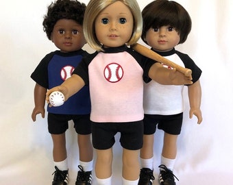 Baseball Uniform 6-piece Set for 18-inch American Girl Doll Baseball and Wood Bat - Choose Pink, White, Blue & Red Doll Baseball Softball