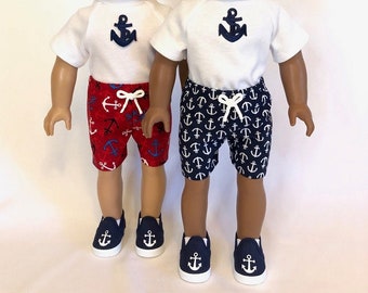 Anchor Swim Trunks-Optional Doll Anchor Shoes, Anchor Shirt, Goggles for American Girl Doll & 18-inch Boy Doll Swimsuit Doll Nautical Trunks