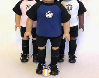 Volleyball Uniform 6-piece Set for American Girl Doll and 18-inch Doll Volleyball - Choose Pink, White, Blue or Red Doll Volleyball Set