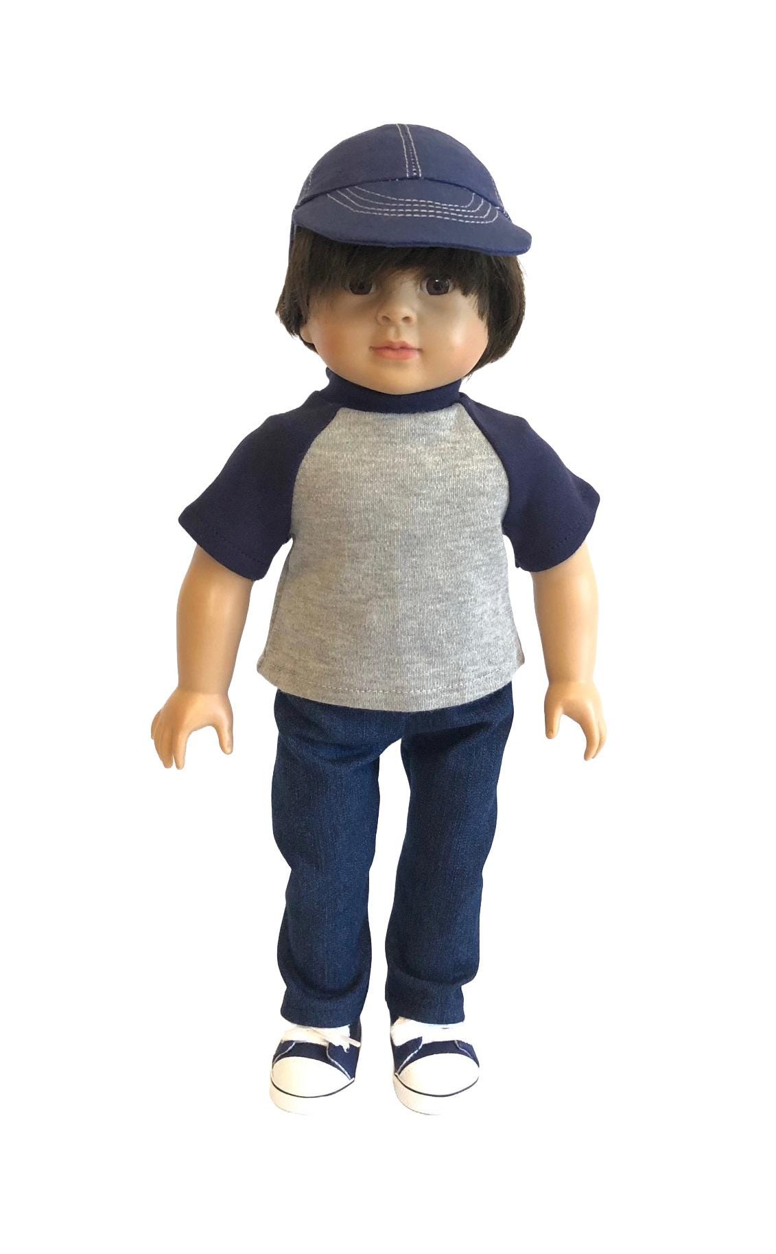 Baseball Cap Set for American Girl Boy Doll Navy Blue Hat Cap, Denim Jeans or Shorts, Knit Shirt, Navy Blue Sneakers Doll Baseball Cap