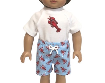 Lobster Swim Trunks -Optional Goggles, Lobster Swim Shirt for American Girl Doll & 18-inch Boy Doll Swimsuit Board Shorts Doll Swim Goggle