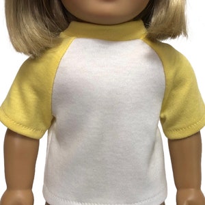 Raglan Baseball T-shirts for American Girl Doll & 18-inch Dolls - Choose 4 Colors! Pink, Royal, Gray, Yellow - Doll Baseball Shirt Knit Top Yellow