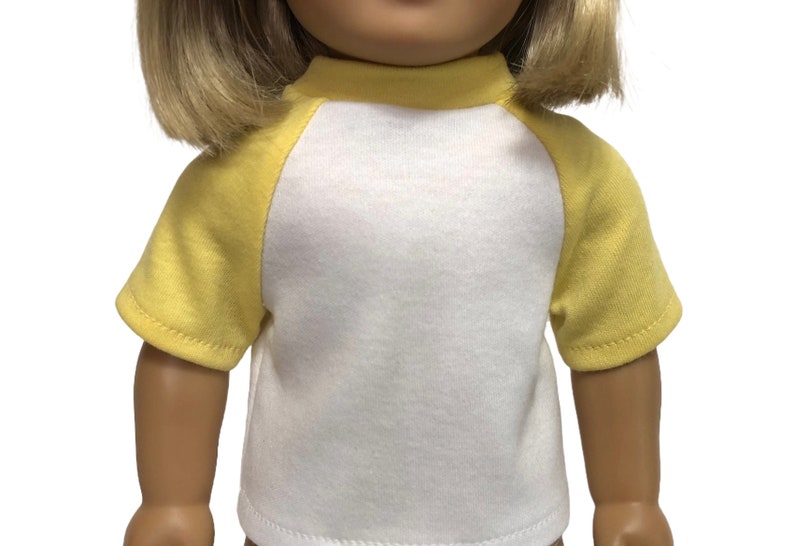 Raglan Baseball T-shirts for American Girl Doll & 18-inch Dolls - Choose 4 Colors! Pink, Royal, Gray, Yellow - Doll Baseball Shirt Knit Top Yellow