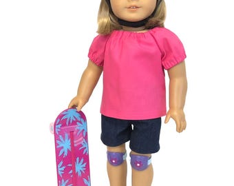 Skateboard 6-piece Set for American Girl Dolls & 18-inch Dolls - Doll Skateboard, Helmet, Knee Pads, Sneakers, Shirt, Denim Shorts or Jeans