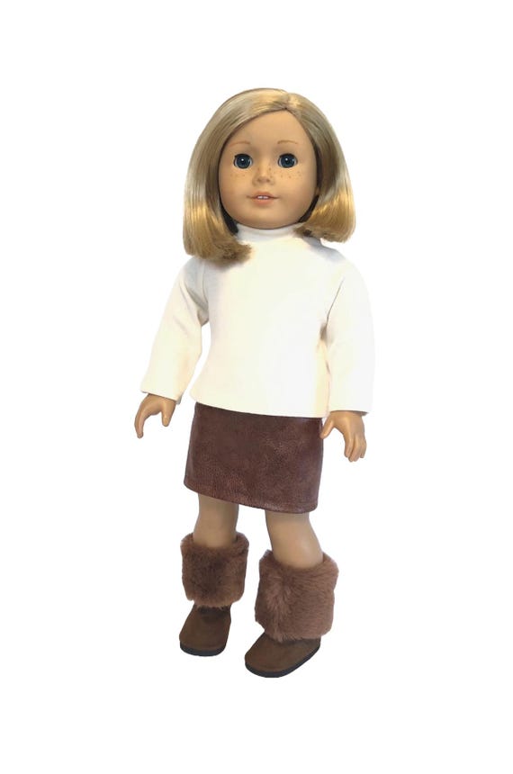 Faux Brown Leather 3-Piece Skirt Set for American Girl Doll & 18-inch Doll Faux Leather Skirt - Doll Brown Boots Doll Off White Top