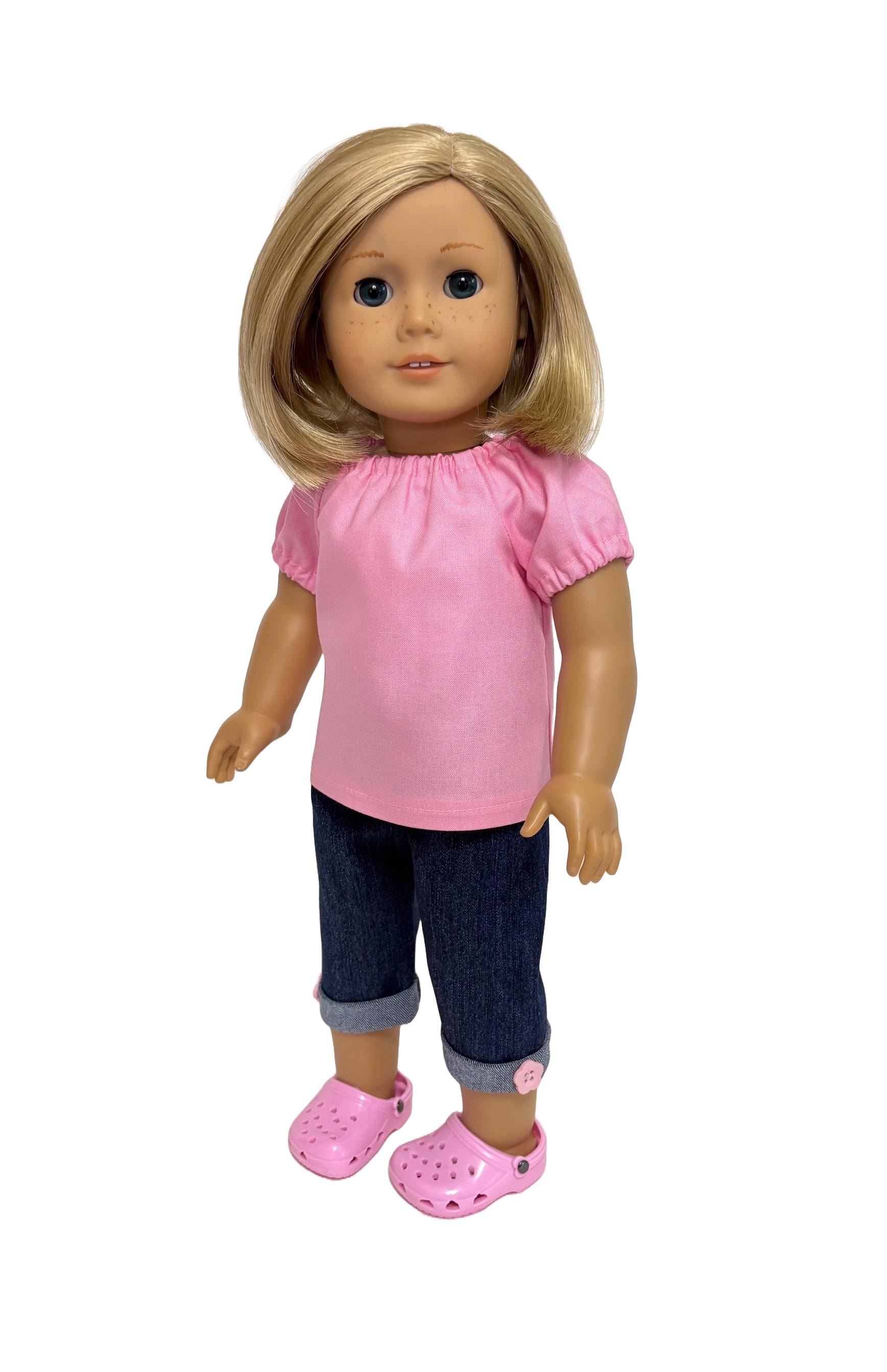 Denim Cuffed Capris 3-Piece Set for American Girl Doll and 18-Inch Dolls - Dark Wash Jean Capri Pants, Pink Clogs & Pink Top Set-Doll Capris
