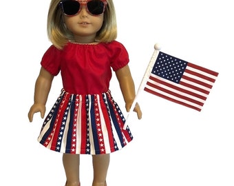 Independence Day Skirt Set for American Girl Doll and 18-inch Doll July Fourth Skirt With Optional Skirt, Sunglasses, Flag, Red Shoes #2