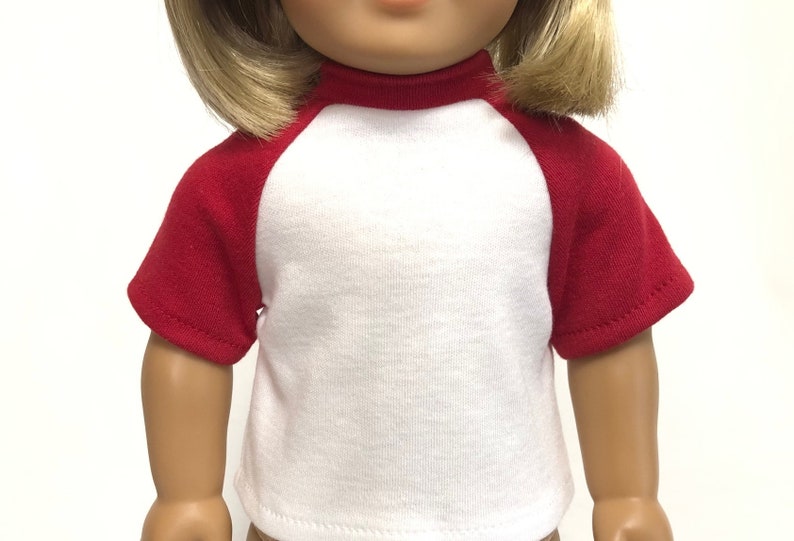 Raglan Baseball T-shirts for American Girl Doll & 18-inch Dolls - Choose 4 Colors! Pink, Royal, Gray, Yellow - Doll Baseball Shirt Knit Top Red