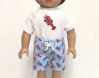 Lobster Swim Trunks -Optional Goggles, Lobster Swim Shirt for American Girl Doll & 18-inch Boy Doll Swimsuit Board Shorts Doll Swim Goggle