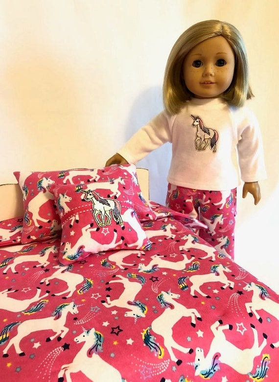 Unicorn 3 Piece Bedding Set For American Girl Doll And 18 Inch Dolls Doll Bed Set Reversible Flannel Doll Unicorn Quilt Matching Pillows