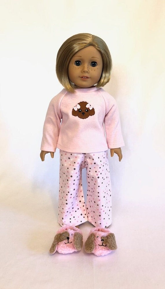 Poodle Dog Pajamas for American Girl Doll Polka Dot Flannel Pajama Pants &  Pink Knit Poodle Pajama Top With Optional Puppy Dog Slippers 