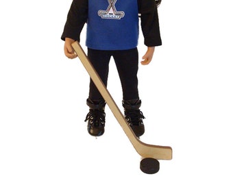 Ice Hockey 5-piece Blue Set for American Girl Dolls & 18-inch Dolls–Bitty Baby Doll Hockey Skates, Hockey Stick, Hockey Puck, Jersey, Pants