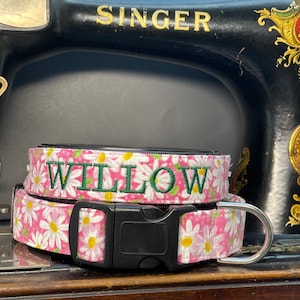 Pink daisy print  dog collar, Personalized dog collar, Embroidered dog collar