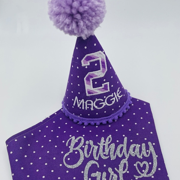 Purple polka dot birthday hat for dog, birthday bandana, dog party accessories, hat with matching bandana, gift for girl dog