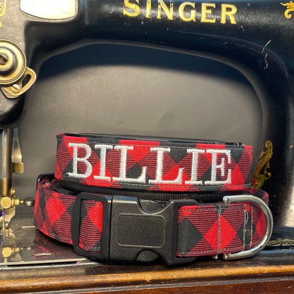 Buffalo plaid dog collar,  Personalized dog collar, Embroidered dog collar