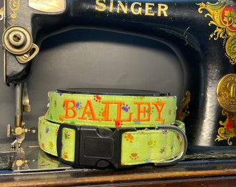 Green Paw print personalized dog collar, embroidered dog collar, personalized dog collar, matching leash available